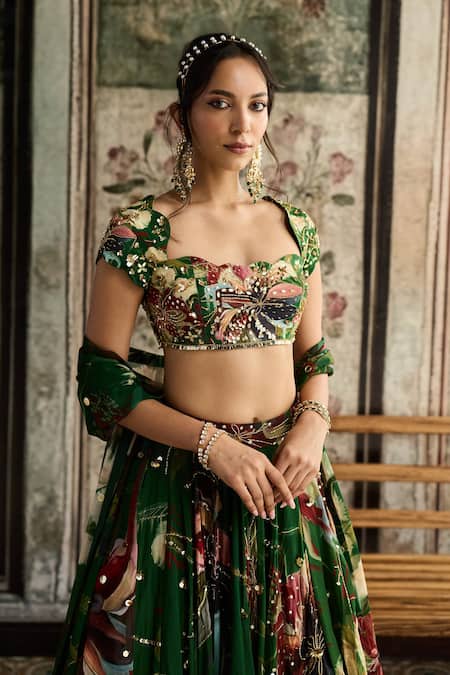 Diyarajvvir_Green Crepe, Organza, Georgette Sequins, Embroidery Floral Print Lehenga Set _Online_at_Aza_Fashions