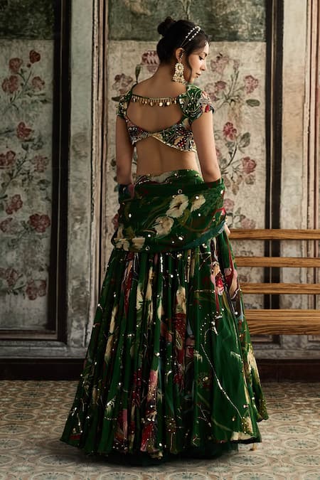 Shop_Diyarajvvir_Green Crepe, Organza, Georgette Sequins, Embroidery Floral Print Lehenga Set _at_Aza_Fashions
