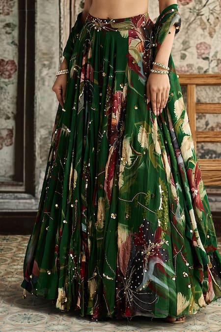 Buy_Diyarajvvir_Green Crepe, Organza, Georgette Sequins, Embroidery Floral Print Lehenga Set _Online_at_Aza_Fashions