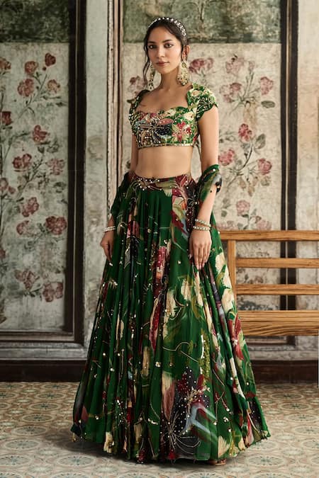 Shop_Diyarajvvir_Green Crepe, Organza, Georgette Sequins, Embroidery Floral Print Lehenga Set _Online_at_Aza_Fashions