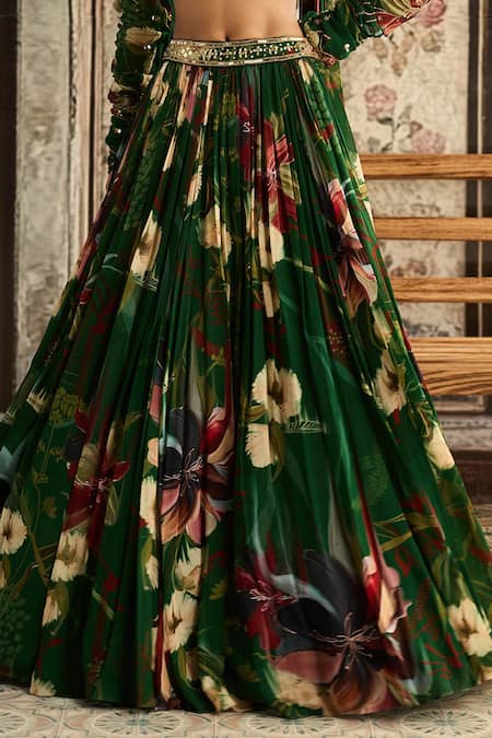 Diyarajvvir_Green Crepe, Georgette Sequins, Embroidery Square Neck Floral Print Lehenga Set _Online_at_Aza_Fashions