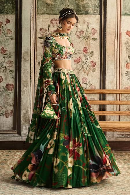 Buy_Diyarajvvir_Green Crepe, Georgette Sequins, Embroidery Square Neck Floral Print Lehenga Set _Online_at_Aza_Fashions