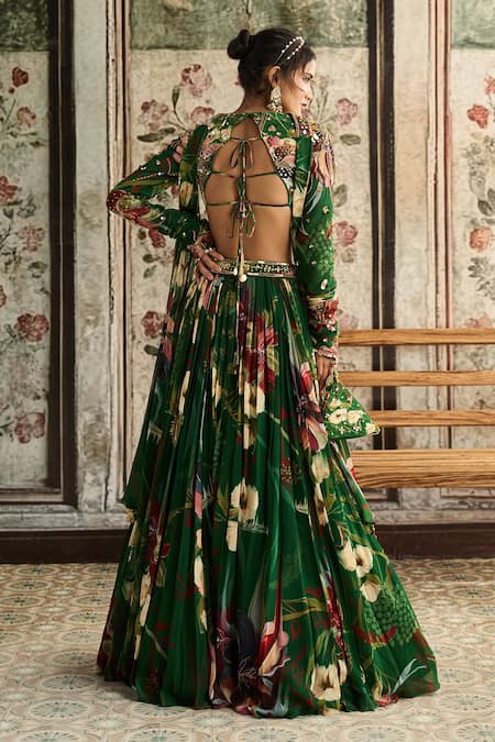 Shop_Diyarajvvir_Green Crepe, Georgette Sequins, Embroidery Square Neck Floral Print Lehenga Set _at_Aza_Fashions