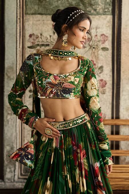 Shop_Diyarajvvir_Green Crepe, Georgette Sequins, Embroidery Square Neck Floral Print Lehenga Set _Online_at_Aza_Fashions