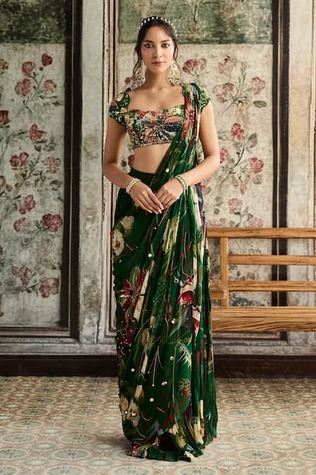 Diyarajvvir Floral Print Pre-Draped Skirt Saree With Blouse 
