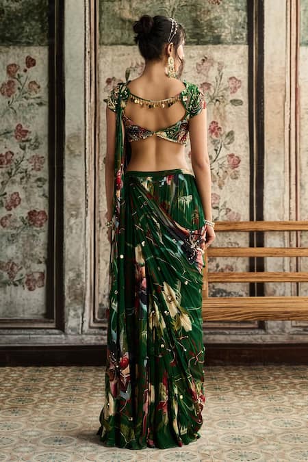 Diyarajvvir Floral Print Pre-Draped Skirt Saree With Blouse 