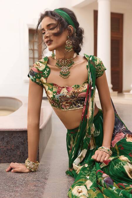 Buy_Diyarajvvir_Green Crepe, Georgette Beads, Floral Print Pre-draped Skirt Saree With Blouse _Online_at_Aza_Fashions