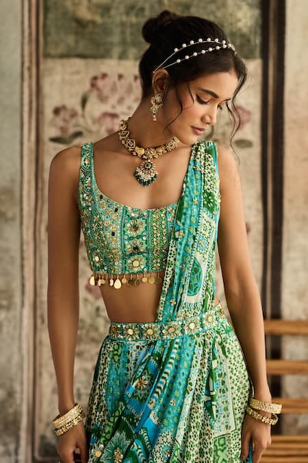 Diyarajvvir_Blue Crepe, Georgette Sequins, Beads Aqua And Green Pre-draped Saree With Blouse _Online_at_Aza_Fashions