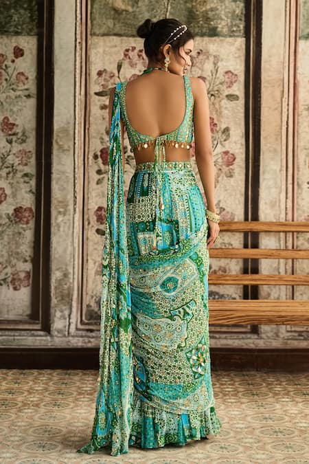 Diyarajvvir Aqua Blue & Green Pre-Draped Saree With Blouse 