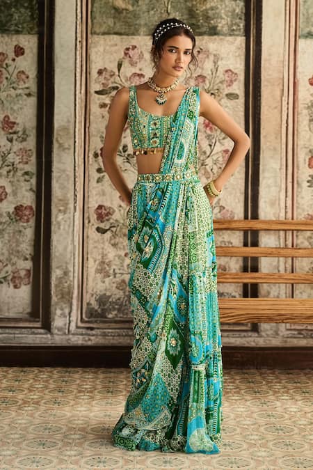 Diyarajvvir Aqua Blue & Green Pre-Draped Saree With Blouse 