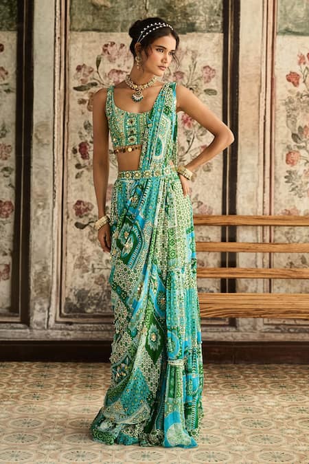 Buy_Diyarajvvir_Blue Crepe, Georgette Sequins, Beads Aqua And Green Pre-draped Saree With Blouse _Online_at_Aza_Fashions