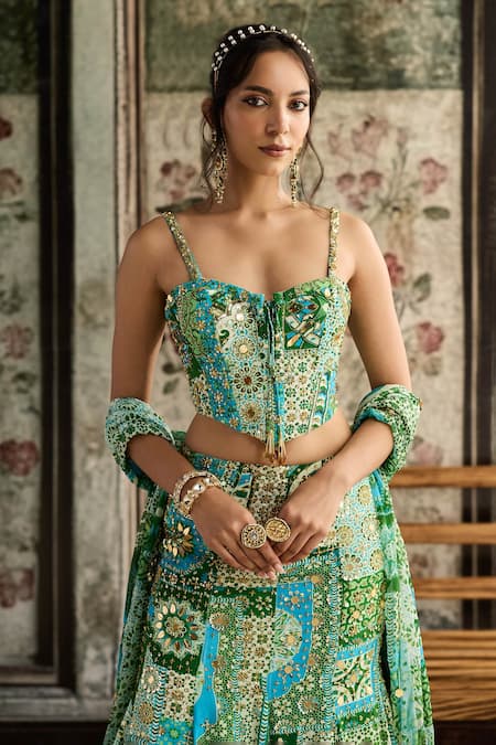 Diyarajvvir_Green Crepe, Georgette Sequins, Aqua Blue And Designer Corset Skirt Set _Online_at_Aza_Fashions