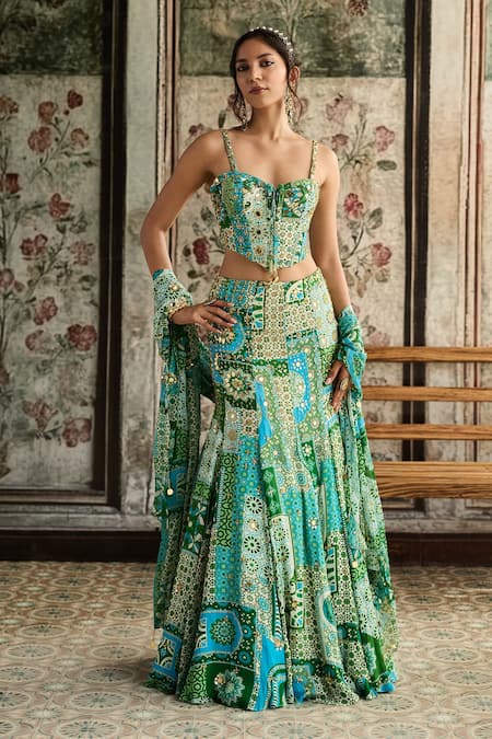 Diyarajvvir Aqua Blue & Green Designer Corset Skirt Set 