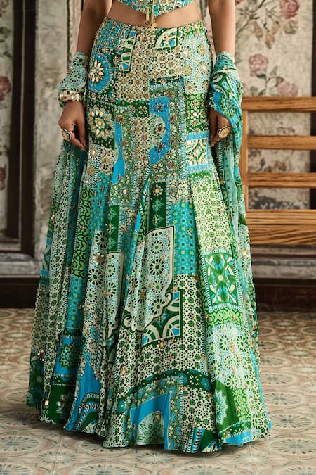 Buy_Diyarajvvir_Green Crepe, Georgette Sequins, Aqua Blue And Designer Corset Skirt Set _Online_at_Aza_Fashions
