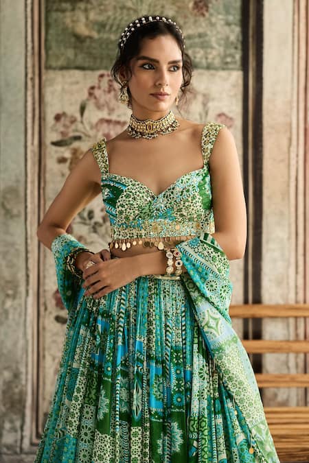 Diyarajvvir_Blue Crepe, Georgette Sequins, Embroidery Aqua And Green Printed Lehenga Set _Online_at_Aza_Fashions
