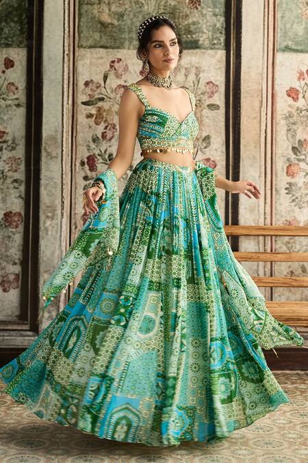 Buy_Diyarajvvir_Blue Crepe, Georgette Sequins, Embroidery Aqua And Green Printed Lehenga Set _Online_at_Aza_Fashions
