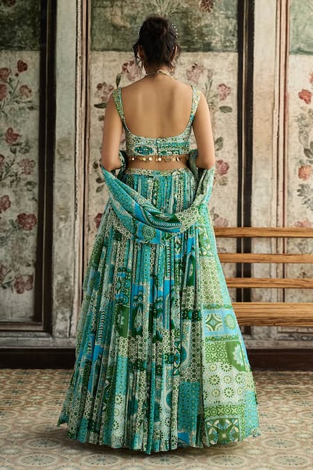 Shop_Diyarajvvir_Blue Crepe, Georgette Sequins, Embroidery Aqua And Green Printed Lehenga Set _at_Aza_Fashions