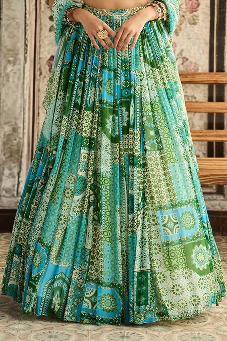 Shop_Diyarajvvir_Blue Crepe, Georgette Sequins, Embroidery Aqua And Green Printed Lehenga Set _Online_at_Aza_Fashions