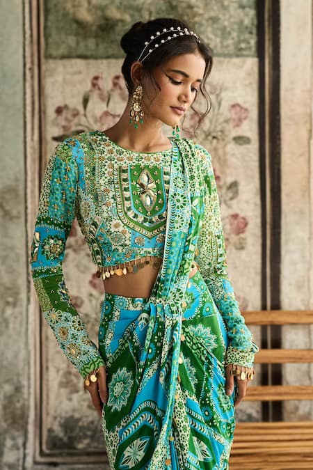 Diyarajvvir_Blue Crepe Sequins, Beads Round Neck Aqua And Green Dhoti Saree With Blouse _Online_at_Aza_Fashions