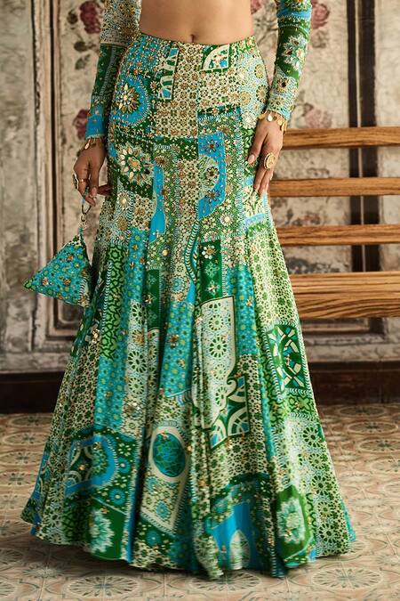 Diyarajvvir_Green Georgette, Crepe Sequins, Embroidery Round Neck Printed Skirt Set _Online_at_Aza_Fashions