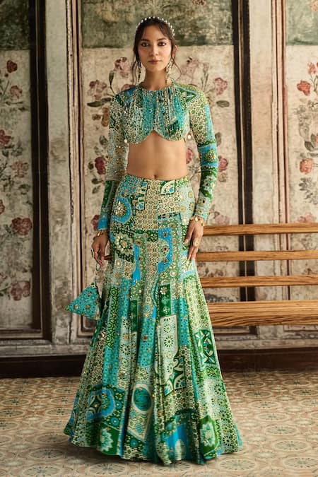Shop_Diyarajvvir_Green Georgette, Crepe Sequins, Embroidery Round Neck Printed Skirt Set _Online_at_Aza_Fashions