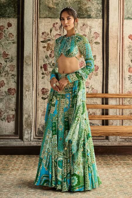 Diyarajvvir_Green Georgette, Crepe Sequins, Embroidery Round Neck Printed Skirt Set _at_Aza_Fashions