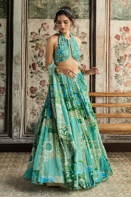 Diyarajvvir Green Tulle, Georgette Sequins Halter Neck Aqua Blue And Printed Lehenga Set Online at Aza Fashions Diyarajvvir_Green Tulle, Georgette Sequins Halter Neck Aqua Blue And Printed Lehenga Set _Online_at_Aza_Fashions