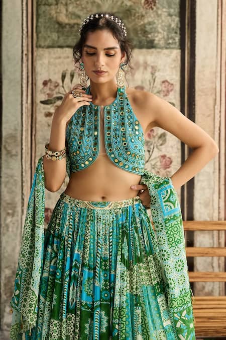 Buy Diyarajvvir Green Tulle, Georgette Sequins Halter Neck Aqua Blue And Printed Lehenga Set Online at Aza Fashions Buy_Diyarajvvir_Green Tulle, Georgette Sequins Halter Neck Aqua Blue And Printed Lehenga Set _Online_at_Aza_Fashions