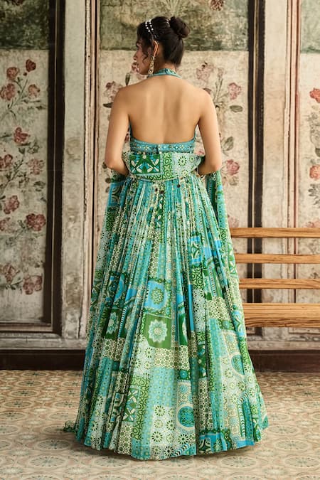 Diyarajvvir Aqua Blue & Green Printed Lehenga Set 