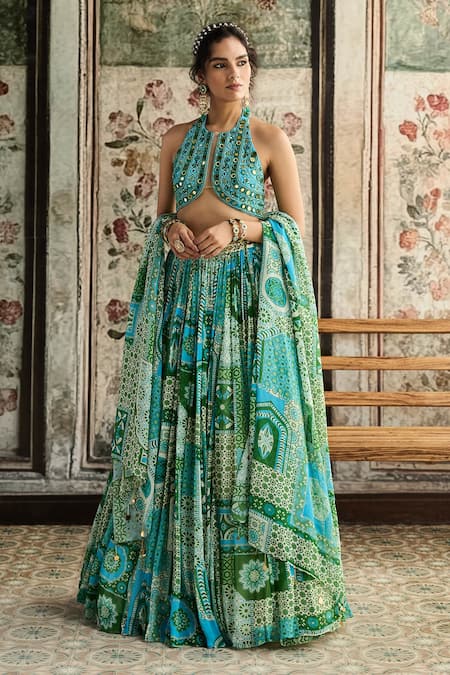 Diyarajvvir Aqua Blue & Green Printed Lehenga Set 