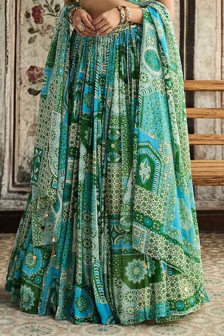 Shop Diyarajvvir Green Tulle, Georgette Sequins Halter Neck Aqua Blue And Printed Lehenga Set Online at Aza Fashions Shop_Diyarajvvir_Green Tulle, Georgette Sequins Halter Neck Aqua Blue And Printed Lehenga Set _Online_at_Aza_Fashions