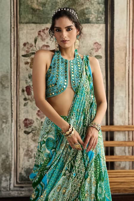 Diyarajvvir_Green Tulle, Georgette Aqua Blue Printed Pre-draped Pant Saree With Blouse _Online_at_Aza_Fashions