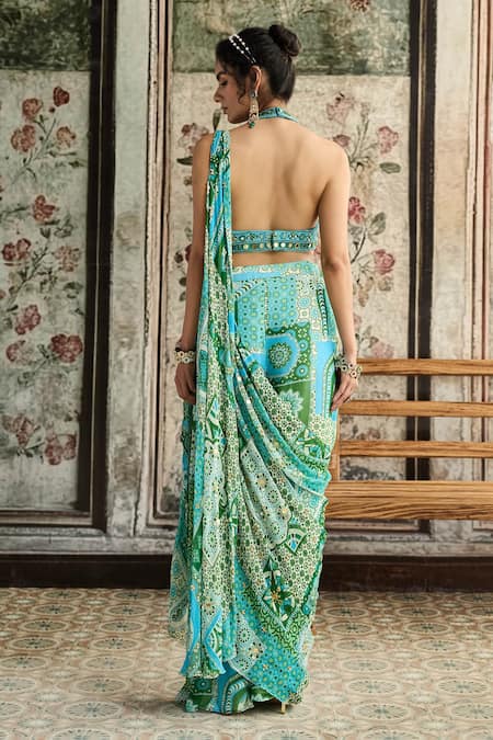 Diyarajvvir Aqua Blue Printed Pre-Draped Pant Saree With Blouse 