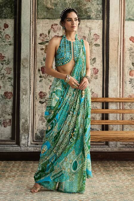Buy_Diyarajvvir_Green Tulle, Georgette Aqua Blue Printed Pre-draped Pant Saree With Blouse _Online_at_Aza_Fashions