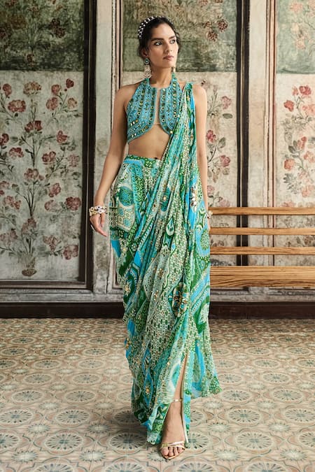 Diyarajvvir Aqua Blue Printed Pre-Draped Pant Saree With Blouse 