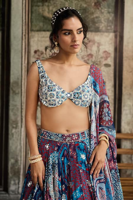 Diyarajvvir_White Crepe, Georgette, Organza Embroidery, Teal Blue Printed Lehenga Set _Online_at_Aza_Fashions