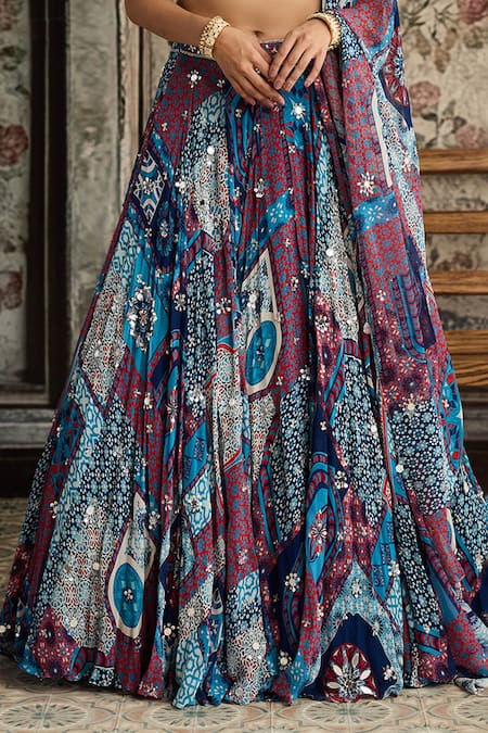 Buy_Diyarajvvir_White Crepe, Georgette, Organza Embroidery, Teal Blue Printed Lehenga Set _Online_at_Aza_Fashions