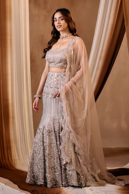 Buy_Niamh By Kriti_Gold Silk, Net, Tissue Beads, Pearls, Sequins, Cut Hand Embroidered Lehenga Set _Online_at_Aza_Fashions