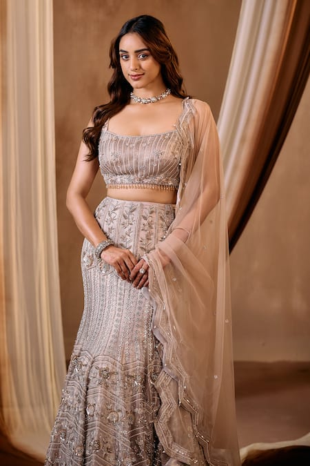 Shop_Niamh By Kriti_Gold Silk, Net, Tissue Beads, Pearls, Sequins, Cut Hand Embroidered Lehenga Set _Online_at_Aza_Fashions