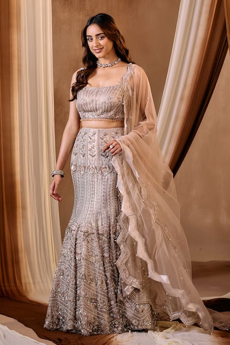 Niamh By Kriti_Gold Silk, Net, Tissue Beads, Pearls, Sequins, Cut Hand Embroidered Lehenga Set _at_Aza_Fashions