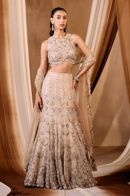 Niamh By Kriti Gold Silk, Net, Tissue Embroidery, Sequins, Beads, Pearls Hand Lehenga Set 