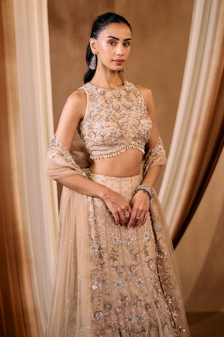 Niamh By Kriti_Gold Silk, Net, Tissue Embroidery, Sequins, Beads, Pearls Hand Lehenga Set _Online_at_Aza_Fashions