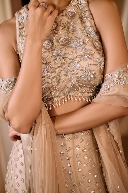 Shop_Niamh By Kriti_Gold Silk, Net, Tissue Embroidery, Sequins, Beads, Pearls Hand Lehenga Set _Online_at_Aza_Fashions