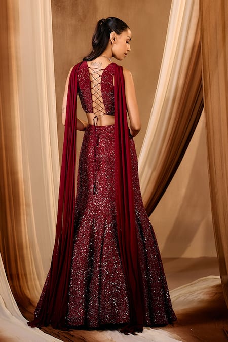 Niamh By Kriti Maroon Intricate Embroidered Lehenga Set 