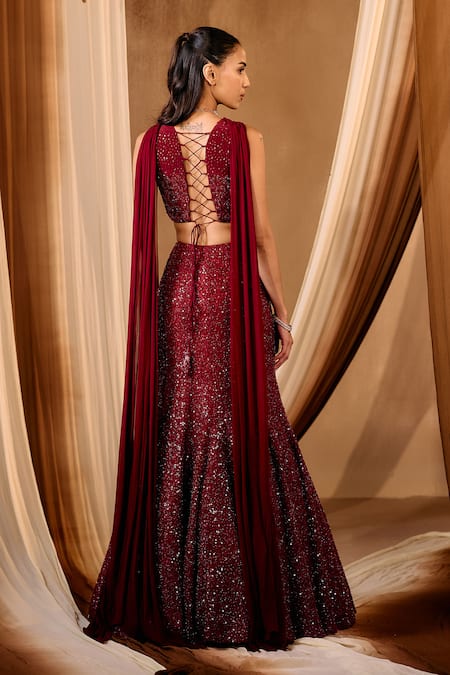 Niamh By Kriti_Maroon Crepe, Chiffon, Net Sequins, Crystals Intricate Embroidered Lehenga Set _Online_at_Aza_Fashions