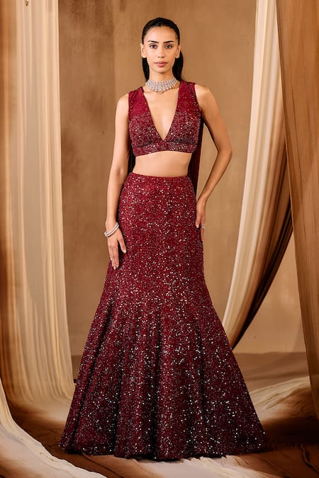 Buy_Niamh By Kriti_Maroon Crepe, Chiffon, Net Sequins, Crystals Intricate Embroidered Lehenga Set _Online_at_Aza_Fashions