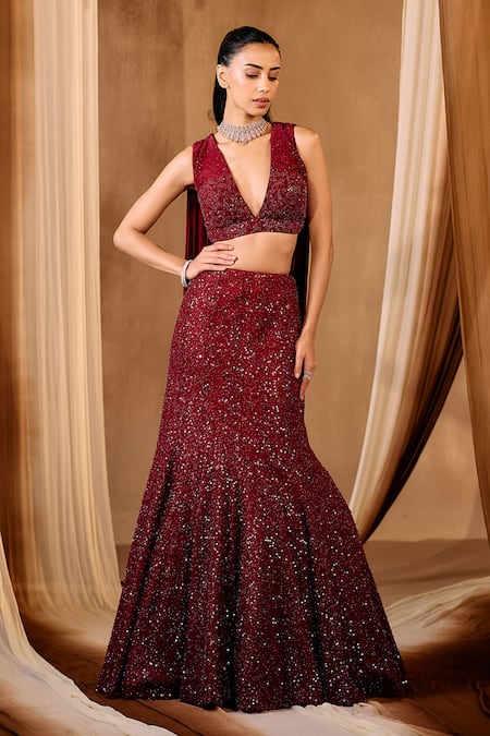 Shop_Niamh By Kriti_Maroon Crepe, Chiffon, Net Sequins, Crystals Intricate Embroidered Lehenga Set _Online_at_Aza_Fashions