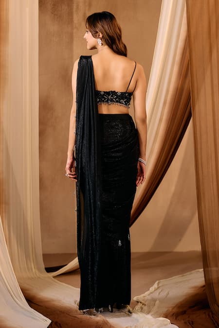 Niamh By Kriti Black Shimmer Chiffon Pre-Draped Saree Set 