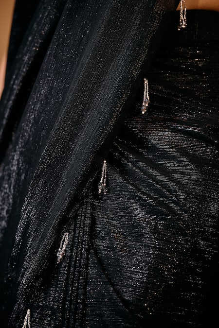 Shop_Niamh By Kriti_Black Chiffon Beads, Sequins, Crystals, Cut Work Shimmer Pre-draped Saree Set 
