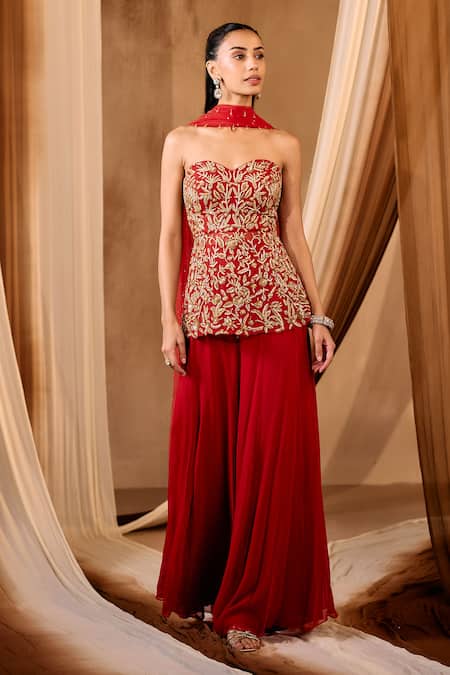 Niamh By Kriti_Red Georgette, Net Beads, Sequins, Cut Work Hand Embroidered Kurta Sharara Set _Online_at_Aza_Fashions